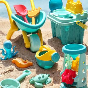 Ensemble De Jeux De Plage Pour Enfants, Pelles, Rateau, Seau, Outils De Plage, Bord De Mer, 9 Pieces, Avec Chariot A Chateau En Sablier - Neuf