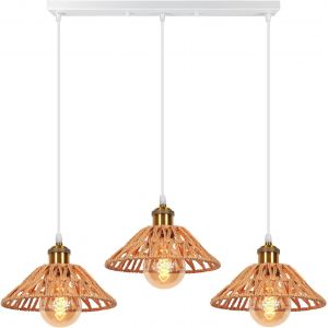 KAL-Suspension Lustre Industrielle 3 Lampes Luminaire Plafonnier Vintage Lustre Abat-Jour Ø22 Cm En Métal De Douille E27 Lampe Rétro Pour Séjour Chambre Cuisine (Marrón, 3 Lampe-Barre) - Neuf