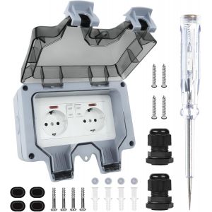 Prise ext&eacute;rieure &eacute;tanche IP66 double prise avec interrupteur et voyant lumineux - R&eacute;sistante &agrave; l'humidit&eacute; - Prise murale de protection - Prise de terre de jardin - R&eacute;sistante aux intemp&eacute;ries - Prise - Neuf