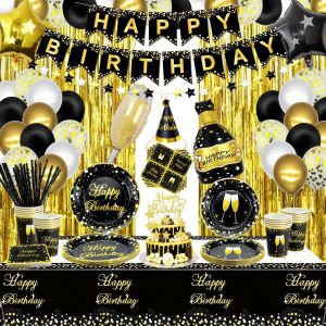 Sjzg-163 Pcs Décorations De Fête Noir Et Or - Ballon, Bannière D'anniversaire, Guirlande, Tasses Et Nappe Pour 20 Invités - Articles Pour Hommes Et Femmes - Neuf