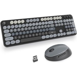 Ensemble Clavier Et Souris Sans Fil,Clavier De Machine À Écrire,2.4Ghz Clavier De Machine À Écrire À Touches Rondes Avec Pavé Numérique,Clavier De 104 Touches(Américain Qwerty)(Bear Pink) - Neuf