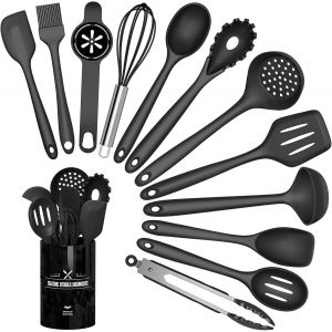 Ersan-Lot De 13 Ustensiles De Cuisine En Silicone R&eacute;sistants &Agrave; La Chaleur Avec Porte-Ustensiles, Antiadh&eacute;sifs, Passent Au Lave-Vaisselle, Noirs - Neuf