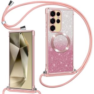 SJZG-Couqe Magn&eacute;tique Pour Samsung Galaxy S24 Ultra 5G Con Cordon, Compatible Avec Magsafe, Brillant Glitter Paillet&eacute; Antichoc Durable R&eacute;sistante Etui Housse Pour Samsung S24 Ultra Bumper, Rose - Neuf