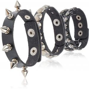 Asas-3 Pièces Bracelet Punk Clouté En Cuir Noir Pour Hommes Et Femmes-Manchette À Pointes Réglable Avec Clous En Métal-Accessoire De Fête D'halloween - Neuf
