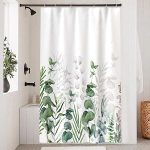 KAL-Rideau Douche 120X180Cm, Rideau De Douche Anti Moisissure Gris Feuilles D'Eucalyptus Vert Rideaux De Baignoire Tissu Lavable Imperméable Polyester Rideaux Salle De Bain Avec 8 Crochets - Neuf