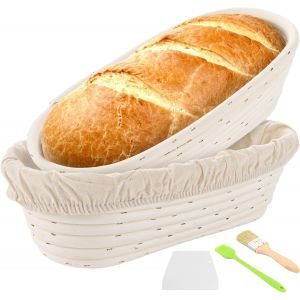 Subzonal-Lot De 2 Banneton En Rotin Naturel, Diamètre : 30 Cm De Fermentation Ovales Pour La Cuisson Du Pain, Avec Chiffon En Lin Et Pinceau À Huile En Silicone Pour Pain Et Pâte À Pain - Neuf