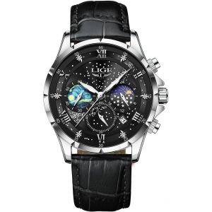 Montre Pour Homme Montre Pour Homme Chronographe En Acier Inoxydable &Eacute;tanche Analogique Cuirs Moonphase Design Quartz Avec Date Lumineuse.[J326] - Neuf