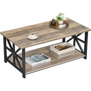 Ulteronixshop-Table Basse,Moderne de Salon,avec 2 Niveaux Rangement,X-Frame M&eacute;tallique Pieds et Tray Design, Rectangulaire,Gris - Neuf