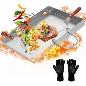 Letnerny-Plancha - Plaque De Cuisson Universelle En Acier Inoxydable - 40 X 32 Cm - Anti-Adhésive - Pour Barbecue Au Charbon Et À Gaz - Burger - Avec 2 Spatules Et Gants - Neuf