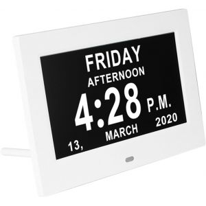 ALLOMN Grande horloge numérique avec calendrier et date de 17,8 cm avec jour et date pour les personnes âgées, avec 12 options d'alarme pour personnes âgées, malvoyantes, perte de mémoire (blanc) - Neuf