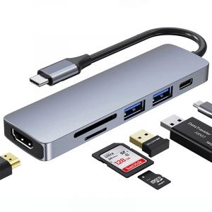 Hub USB C, adaptateur multiport Type C 6 en 1 avec HDMI 4K, lecteur de carte SD/TF, ports USB 3.0 et USB 2.0, port PD 100 W, compatible avec MacBook Pro/MacBook Air/Dell XPS et plus encore. - Neuf