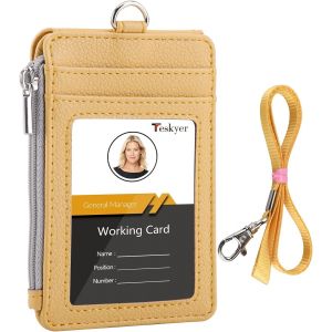 KALANKA-Porte Badge tour de Cou, Portefeuilles de Carte de Crédit Minces, Porte Carte avec Poche à Glissière, 1 Fenêtre d`Identification, peut Contenir Jusqu`à 4 Cartes, Cuir PU, Jaune - Neuf