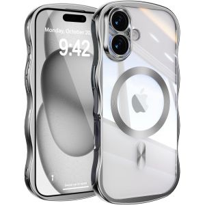 LORANKA-Coque Magn&eacute;tique pour iPhone 17 Compatible avec Recharge sans Fil, Wave Frame &Eacute;tui en Silicone Liquide, Housse de Protection Antichoc Bumper Cover Case avec Protection Cam&eacute;ra, Argent - Neuf