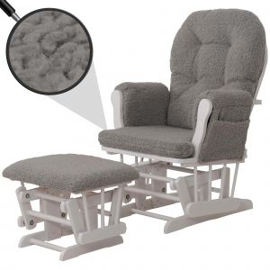 Fauteuil relax HWC-C76, fauteuil &agrave; bascule Fauteuil oscillant + pouf Tissu Boucl&eacute; 480g/m&sup2; &Ouml;ko-Texgris B&acirc;ti blanc - Neuf