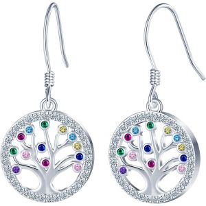 Chenquansarl-Boucles D'oreilles Arbre De Vie En Argent 925 Pour Femme - Boucles D'oreilles Pendantes Avec Zircons Ronds Multicolores - Hypoallerg&eacute;niques - Pour Femme, Famille - Neuf