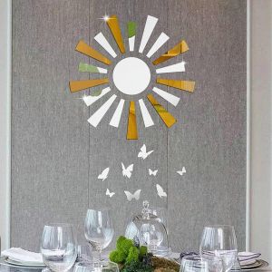 ERYI-Miroir Stickers Muraux Miroirs Décoratif Acrylique Adhésif Autocollant Mural Amovible Diy Décoration Pour Maison Chambre Salon Décor- Soleil Et Papillon(Argent + Or) - Neuf