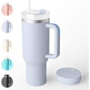 Eryi-1182ml 40oz Mug Isotherme Antifuites En Acier Inox, Double Isolée Sous Vide Tasse Isotherme Sans Bpa, Avec 2 Paille 2 Couvercles De Tasse Brosses De Nettoyage-Charbon - Neuf