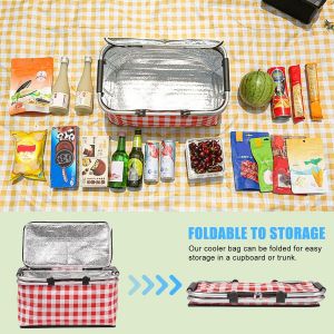 Grand panier &agrave; pique-nique isotherme, sac &agrave; d&eacute;jeuner isotherme, sac isotherme pour pique-nique en plein air, voyage, bureau, camping, pique-nique, voyage, porte-bagages c&ocirc;t&eacute; droit. (rouge) - Neuf