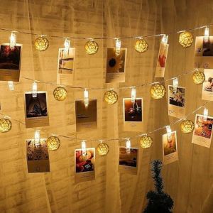 Jgd-Guirlande Lumineuse &Agrave; 40 Led Avec Clip Photo, Boule En Rotin, Alimentation Par Piles, Pour Int&eacute;rieur/Chambre/Mariage/F&ecirc;te (Blanc Chaud) - Neuf