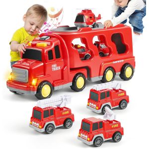 ERYI-Jouets Camion De Transport, Camion De Pompier 7 En 1 Avec Son Et Lumière Camion Jouet Enfant Friction Power Jouet Voiture Cadeau Anniversaire Véhicules Pour Garçons Fille 1 2 3 4 5 6 Ans - Neuf