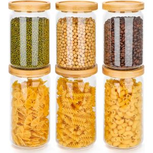 Tianyi-Bocaux En Verre, 6 Bocal En Verre Avec Couvercle En Bambou, Pot A Epices Transparent, Bocaux Verre Herm&eacute;tique 3x700ml + 3x900ml Boite Rangement Cuisine Pour Spaghetti, Grains De Caf&eacute;, C&eacute;r&eacute;ales - Neuf