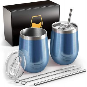 Tianyi-Deux 350ml Verre À Vin Thermo Acier Inoxydable,Isolation Sous Vide Double Couche Mug,Sans Bpa,Tasses À Café Réutilisables,Adaptées Aux Au Camping,Aux Voyages,Bleu Clair - Neuf