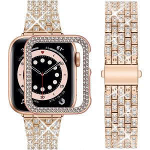 BNHGO-Compatible Bracelet Apple Watch 42mm, Bling Métal Femme Brillant Bracelet de Montre avec Protective Coque, Remplacement de Bracelet avec Strass Diamant pour iWatch Séries 3 2 1 - Or Rose 42mm - Neuf