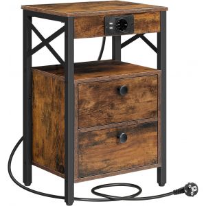 Ulteronixshop-Table de Chevet avec Deux Tiroirs, Table de Canap&eacute; avec Station de Charge, Espace de Stockage Multicouche, pour Salon, Chambre, Stable et Robuste, Marron Rustique, Noir EBF138CBZ01 - Neuf