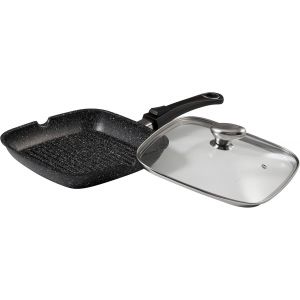 Subzonal-Po&ecirc;le Grill 24 X 24 Cm - Fonte D'aluminium Fa&ccedil;on Pierre - Rev&ecirc;tement Anti-Adh&eacute;sif - Manche Amovible - Couvercle Verre - Tous Feux Dont Induction, Noir - Neuf