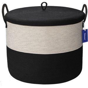 MEVRONISSHOP-Panier &agrave; linge en corde de coton XXXXL extra large avec couvercle 53x 46cm - Panier de rangement &eacute;pais et rigide pour le salon - 115 l - Noir - Neuf