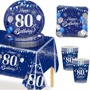 53pcs Anniversaire Vaisselle Lot,Bleu Argent Anniversaire 80 Fête Vaisselle,Kit Vaisselles Comprendre Papier Assiette Serviette Nappe Gobelets,Decoration Anniversaire 80 Ans Pour 16 Invités - Neuf