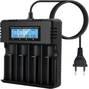 Chargeur de Batterie &agrave; LCD, Chargeur de Batterie Li-ION 4 Fentes avec Charge Rapide Intelligente Compatible avec Une Vari&eacute;t&eacute; de Batteries Li-ION 3,7 V 26650/18650/14500/16340 (Large) - Neuf