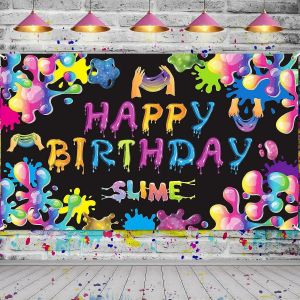 Toile De Fond D'anniversaire Slime, Banni&egrave;re En Polyester Color&eacute;e Avec Des Trous En Cuivre, Grand D&eacute;cor Pour Les Enfants - Neuf