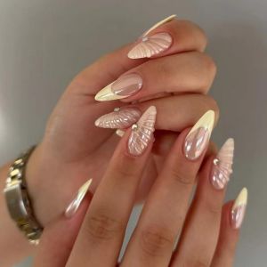 Kal-Lot De 24 Ongles À Pression Laser, En Acrylique, À Pointe Française, Forme Amande, Moyens, Ligne 3d, Motif Coquillages, Aspect Pierres Précieuses, Réutilisables, Jaunes, Couverture Complète - Neuf