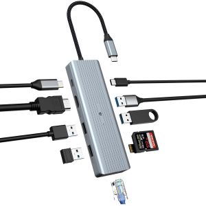 Adaptateur USB C, Station d'accueil USB C avec HDMI 4K, Prise en Charge Double Moniteur, USB C 3.0, 4 Ports USB, 100 W PD, SD/TF, Ethernet Compatible avec MacBook Windows - Neuf