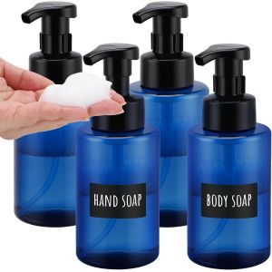 Distributeur De Savon Mousse,4 Pièces 400ml Flacon Mousseur Vide,Distributeur Shampoing et Gel Douche,Distributeur Savon Plastique,Bouteille Savon avec Etiquettes (Bleu) - Neuf