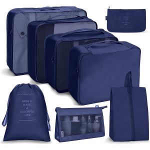 nzqaf-Organisateur Valise, Organisateur de Voyage, Lot de 8 Organiseurs de Bagage pour Voyage,Différents Tailles des Cubes Étanche Sacs de Voyage Rangement (Bleu marine) - Neuf