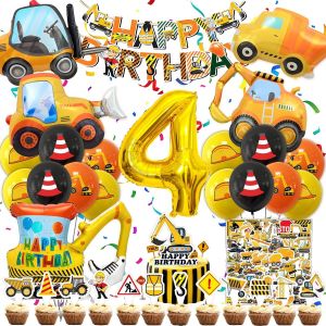 CAUC-Decoration Anniversaire Chantier 4 Ans, Kit Deco Fete Garcon, XXL Excavatrice Ballon Aluminium, D&eacute;co Excavatrice Fete Ballon Banni&egrave;re Decoration Gateau Autocollant(Anniversaire Chantier Enfant 4 - Neuf