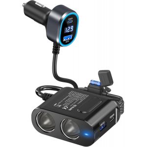 PD 65W pour Portable Adaptateur Chargeur Allume-Cigare de Voiture: 200W Double Prise Allume Cigare USB C Rapide Chargeur Voiture avec Voltm&egrave;tre LED pour iPhone,iPad,Samsung,Huawei - Neuf