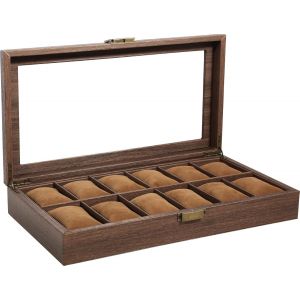 Kal-Boîte À Montres Avec 12 Compartiments, Écrin À Montres Pour Hommes, Vitrine De Montres, Boîte De Rangement Pour Montres Avec Coussin Amovible, Grain De Bois - Neuf