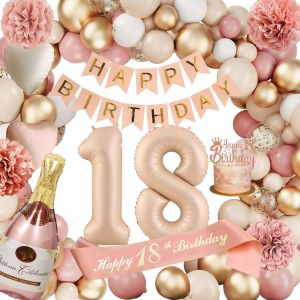 Decoration Anniversaire 18 Ans Fille,Ballon 18,Deco 18,Happy Birthday Decoration,Ballons Roses Rétro 18e Avec Banderole Joyeux Anniversaire Pour Fête Pour Filles - Neuf