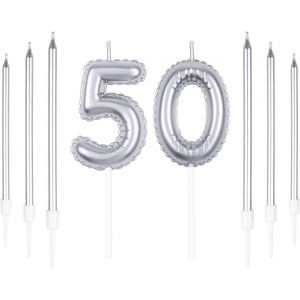 Eryi-Lot De Bougies D'anniversaire Argentées En Forme De Chiffre 50 Avec 6 Bougies Longues, 50 Bougies Pour 50e Anniversaire, Décoration De Gâteau Pour Fête D'anniversaire, Anniversaire De Mariage - Neuf