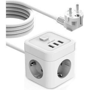 Cube Power Strip With Usb, 3-Outlet Power Strip With 3 Usb Ports Charger (3680w 16a) Surge Protector Surge Protector And Surge Protector With Switch Cable 5m White - Neuf