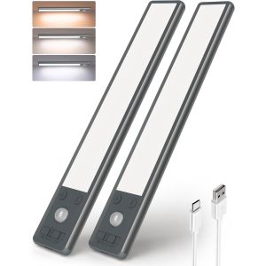 Lampe Sous Meuble 25cm, 80 Led Rechargeable Usb Avec Détecteur De Mouvement, Lampe De Placard 1900mah 3 Températures De Couleur, Éclairage Intérieur Sans Fil, Noir (2 Pièces) - Neuf
