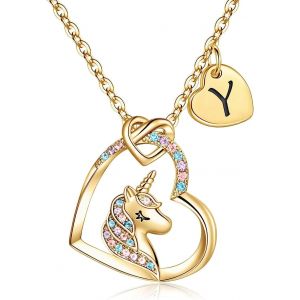 Kal-Collier De Licorne Pour Filles, Collier De Pendentif Coeur Plaqué En Or 14 Carats Pour Filles, Avec Cz Colorée Et Un Pendentif Coeur Initial - Neuf