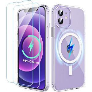 Maa-Magnétique Coque Iphone 12/12 Pro Pour Magsafe, Avec 2 Pièces Verrre Trempé, Étui Hybride Arrière Rigide Pc+Antichoc Tpu Bumper, Recharge Sans Fil Housse Iphone 12/12 Pro, 6.1''-Transparent - Neuf