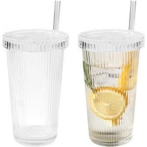 2pcs Verre Avec Couvercle Et Paille Verre Stri&eacute; 380ml Tasse &Agrave; Caf&eacute; En Verre &Agrave; Rayures Verres &Agrave; Boire Gobelet En Verre &Agrave; Rayures Verre Smoothie Grand Verre A Eau Pour Caf&eacute; Glac&eacute;, Lait, Jus - Neuf