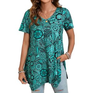 Utigh-Tunique Femme Longue Été Grande Taille Blouses Col En V À Manche Courte Chemisier Chic Et Élégant Tuniques Ample À Floraux Motifs Hauts Femmes Couleur Unie S-3xl - Neuf