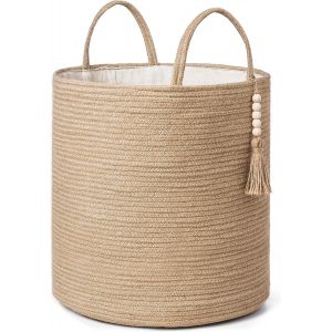 CHECARZHN--NO1-Grand Panier À Linge En Osier Tissé - Panier De Rangement Décoratif En Corde Naturelle - Décoration De Perles En Bois Pour Couvertures, Jouets, Vêtements, Chaussures, Plantes - Panier De - Neuf