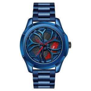 Montre À Quartz 3d Hollow Out Pour Homme-Cadran Non Rotatif,Ceinture En Acier,Bleu Rouge - Neuf